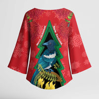 New Zealand Christmas In July Kimono Sleeve Blouse Kowhai Tui Bird With Pohutukawa - Red LT14 - Polynesian Pride