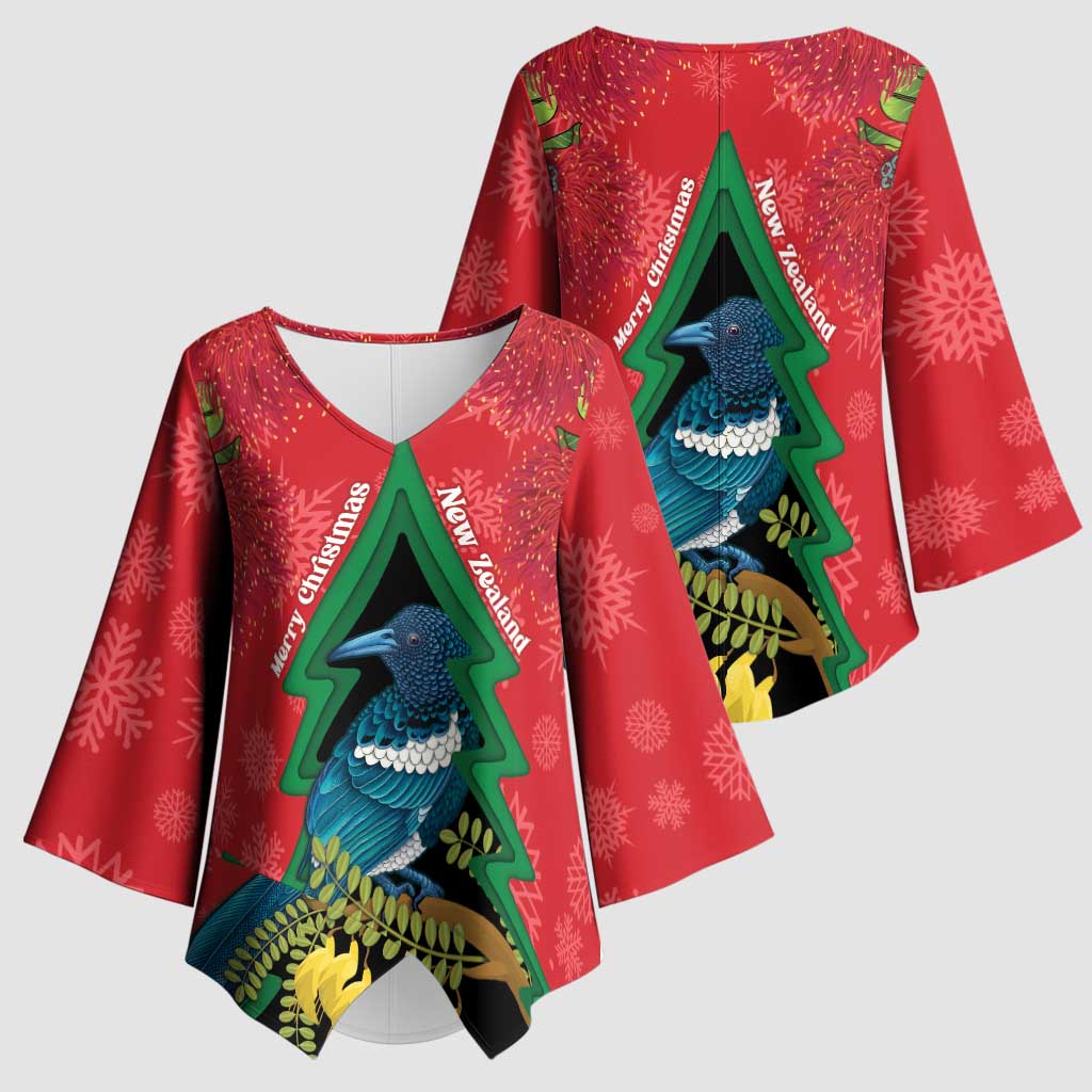New Zealand Christmas In July Kimono Sleeve Blouse Kowhai Tui Bird With Pohutukawa - Red LT14 - Polynesian Pride
