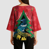 New Zealand Christmas In July Kimono Sleeve Blouse Kowhai Tui Bird With Pohutukawa - Red LT14 - Polynesian Pride