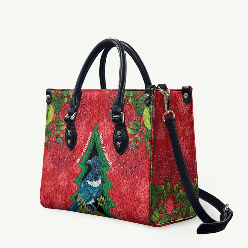 New Zealand Christmas In July Leather Bag Kowhai Tui Bird With Pohutukawa - Red LT14 Red - Polynesian Pride