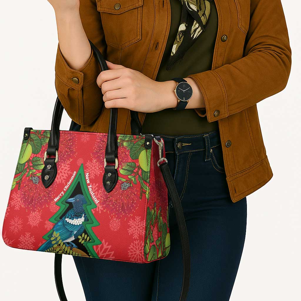New Zealand Christmas In July Leather Bag Kowhai Tui Bird With Pohutukawa - Red LT14 - Polynesian Pride
