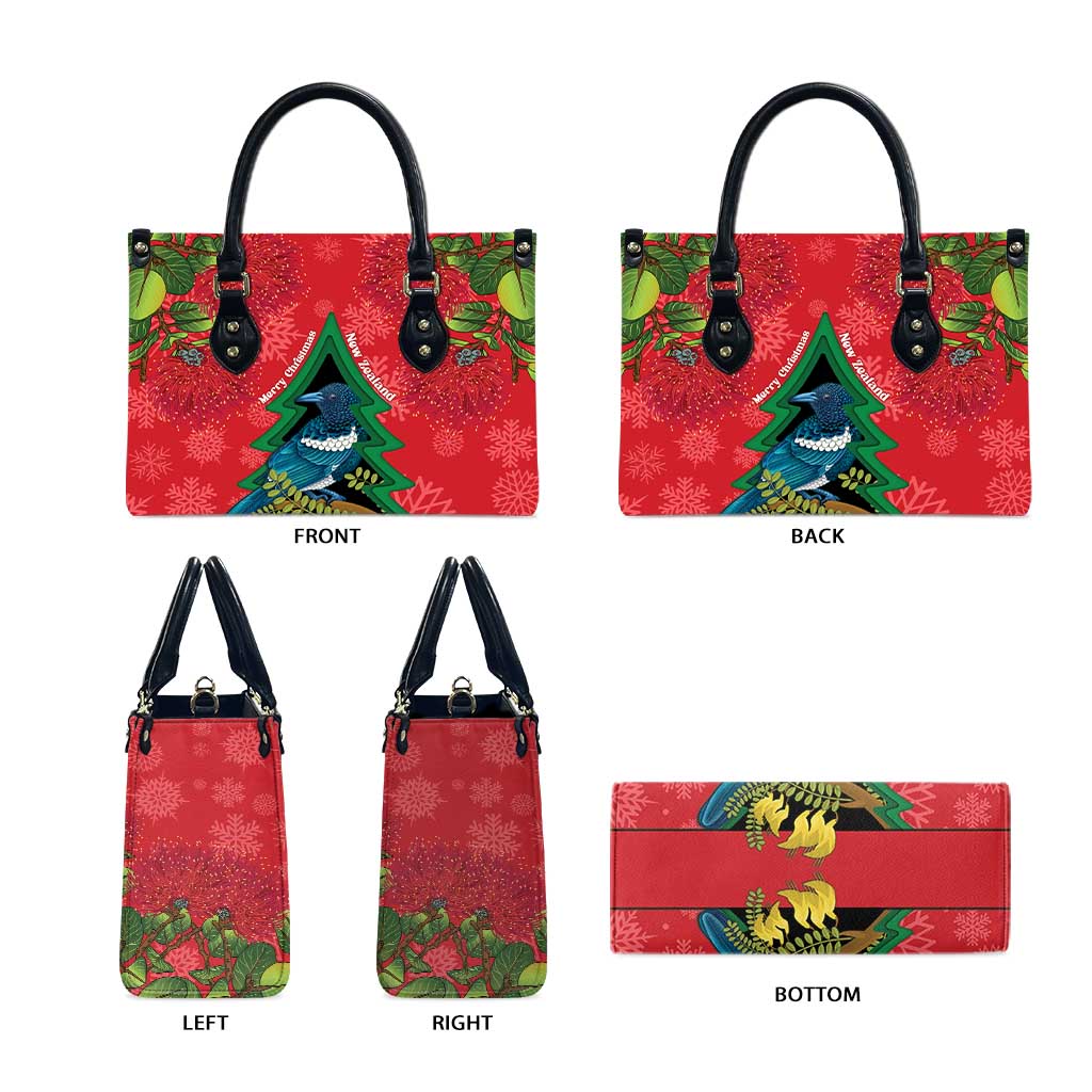 New Zealand Christmas In July Leather Bag Kowhai Tui Bird With Pohutukawa - Red LT14 - Polynesian Pride