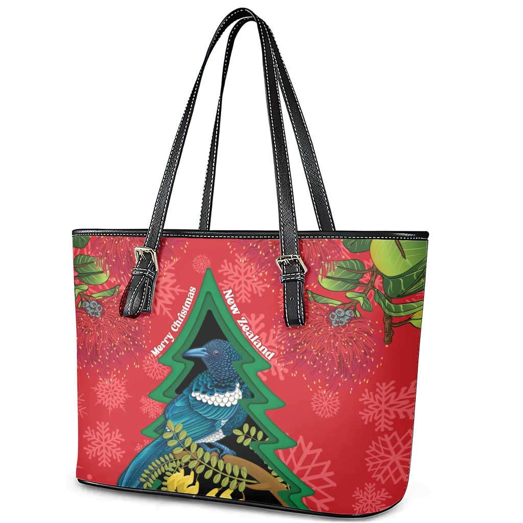 New Zealand Christmas In July Leather Tote Bag Kowhai Tui Bird With Pohutukawa - Red LT14 - Polynesian Pride