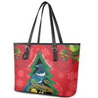 New Zealand Christmas In July Leather Tote Bag Kowhai Tui Bird With Pohutukawa - Red LT14 - Polynesian Pride