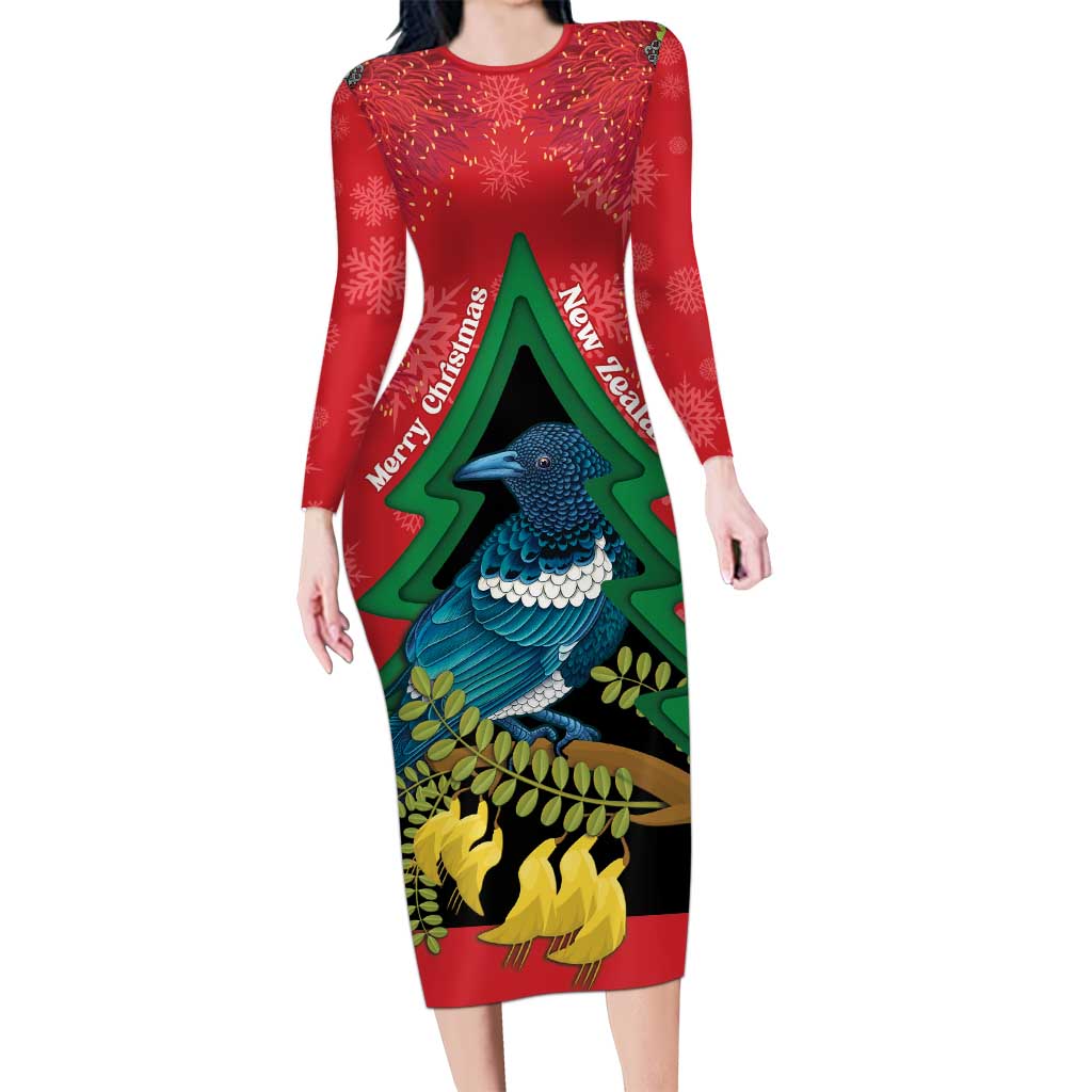 New Zealand Christmas In July Long Sleeve Bodycon Dress Kowhai Tui Bird With Pohutukawa - Red LT14 Long Dress Red - Polynesian Pride