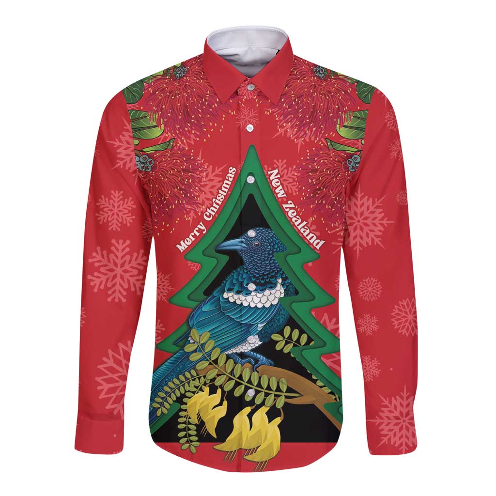 New Zealand Christmas In July Long Sleeve Button Shirt Kowhai Tui Bird With Pohutukawa - Red LT14 Unisex Red - Polynesian Pride