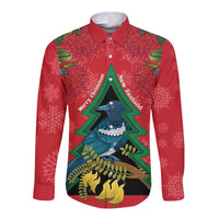 New Zealand Christmas In July Long Sleeve Button Shirt Kowhai Tui Bird With Pohutukawa - Red LT14 Unisex Red - Polynesian Pride