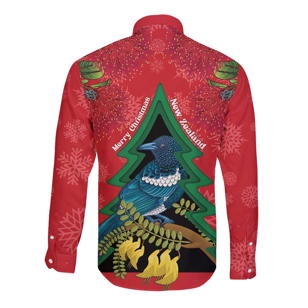 New Zealand Christmas In July Long Sleeve Button Shirt Kowhai Tui Bird With Pohutukawa - Red LT14 - Polynesian Pride