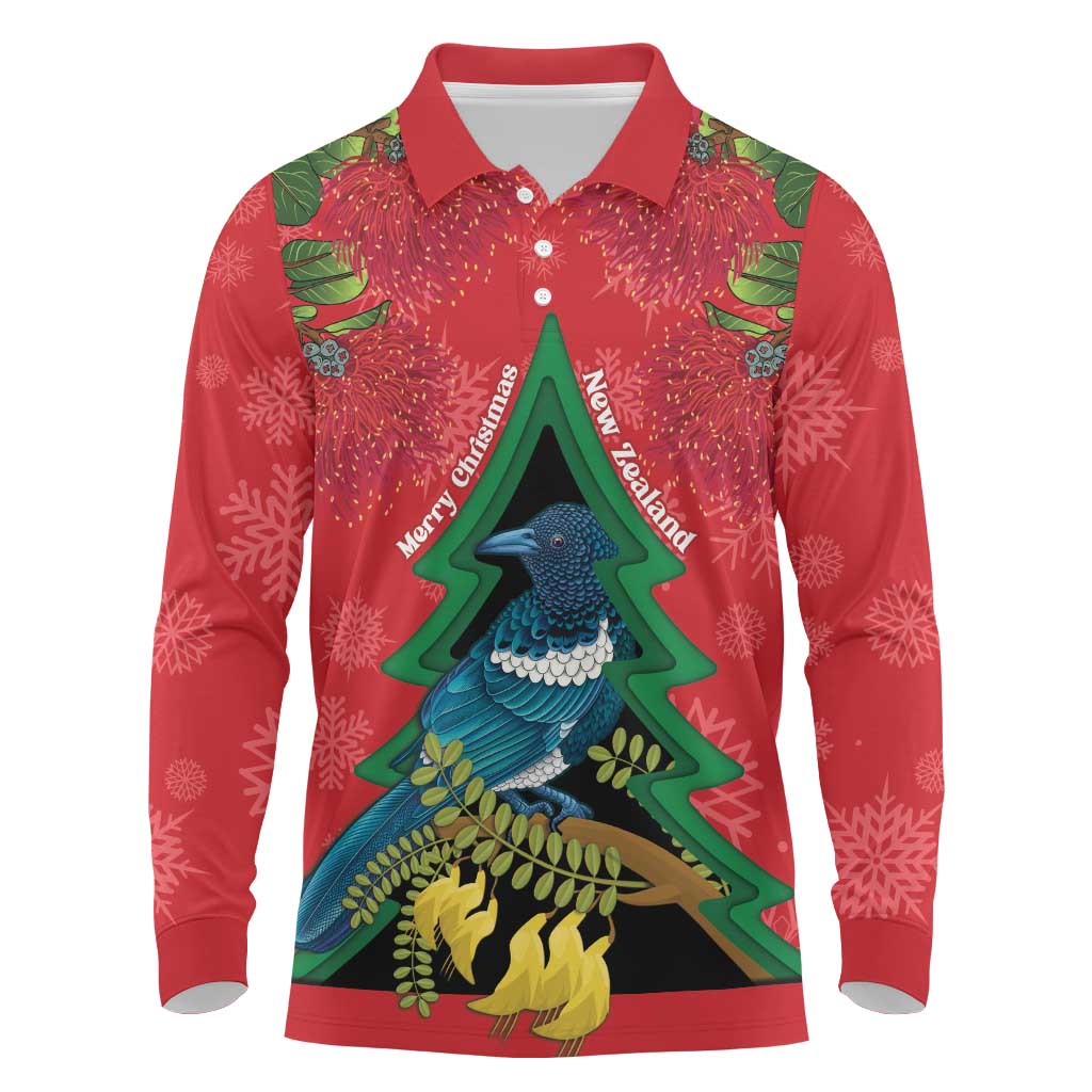 New Zealand Christmas In July Long Sleeve Polo Shirt Kowhai Tui Bird With Pohutukawa - Red LT14 Red - Polynesian Pride