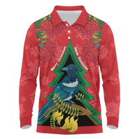 New Zealand Christmas In July Long Sleeve Polo Shirt Kowhai Tui Bird With Pohutukawa - Red LT14 Red - Polynesian Pride