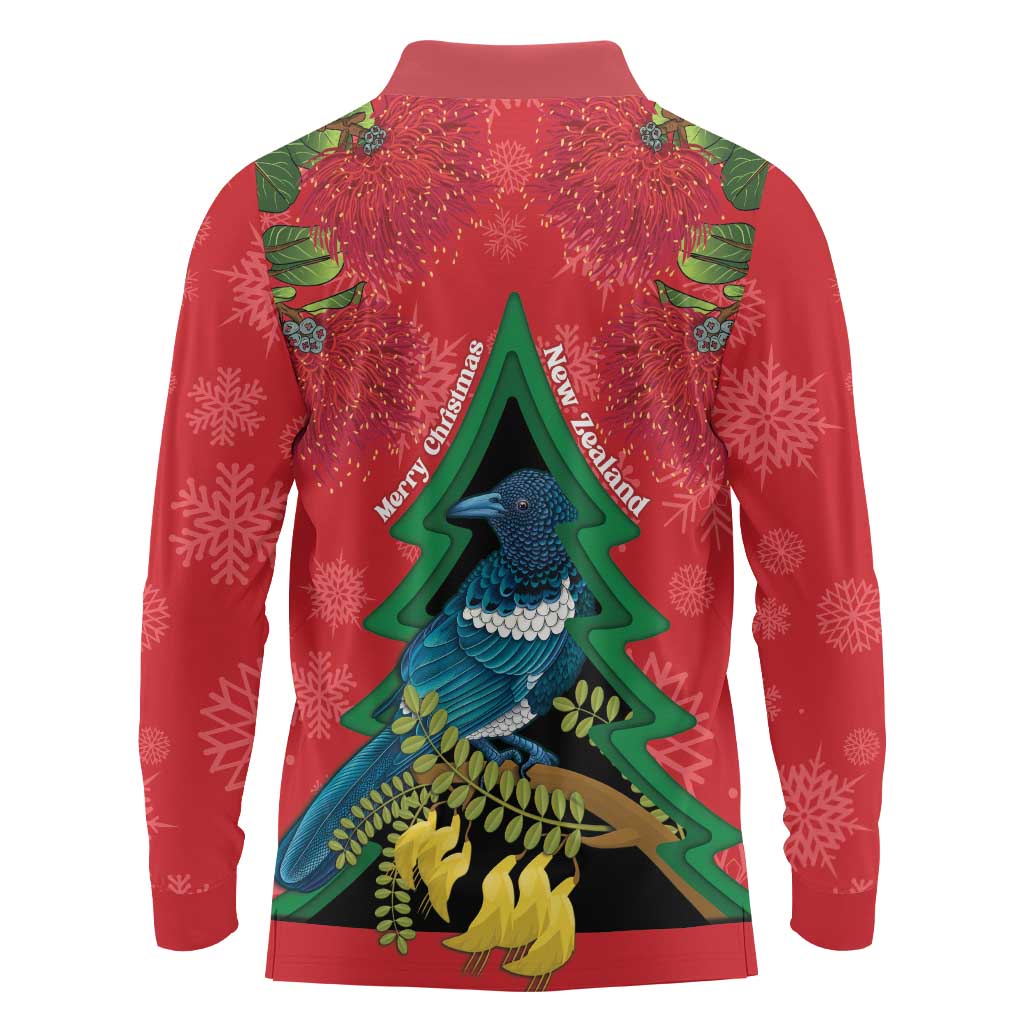 New Zealand Christmas In July Long Sleeve Polo Shirt Kowhai Tui Bird With Pohutukawa - Red LT14 - Polynesian Pride