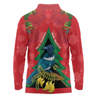 New Zealand Christmas In July Long Sleeve Polo Shirt Kowhai Tui Bird With Pohutukawa - Red LT14 - Polynesian Pride