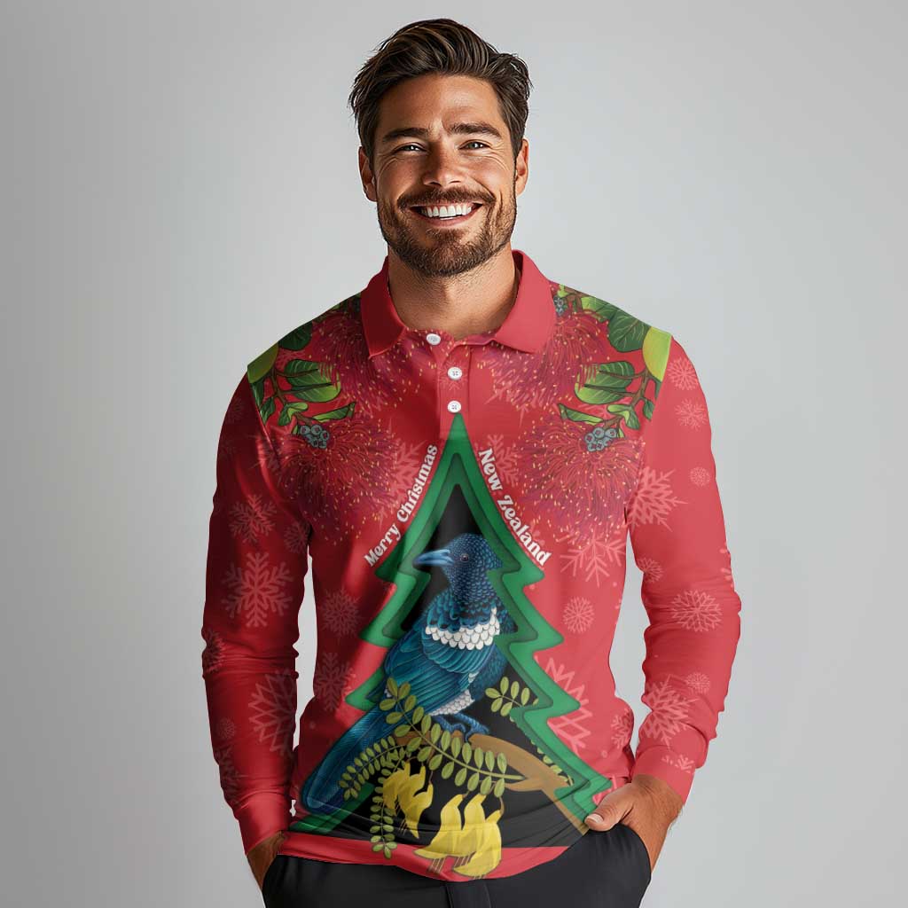New Zealand Christmas In July Long Sleeve Polo Shirt Kowhai Tui Bird With Pohutukawa - Red LT14 - Polynesian Pride
