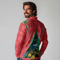 New Zealand Christmas In July Long Sleeve Polo Shirt Kowhai Tui Bird With Pohutukawa - Red LT14 - Polynesian Pride