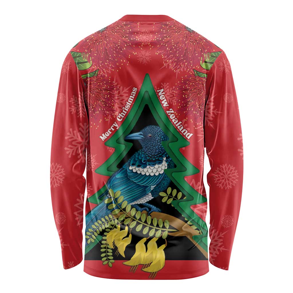 New Zealand Christmas In July Long Sleeve Shirt Kowhai Tui Bird With Pohutukawa - Red LT14 - Polynesian Pride
