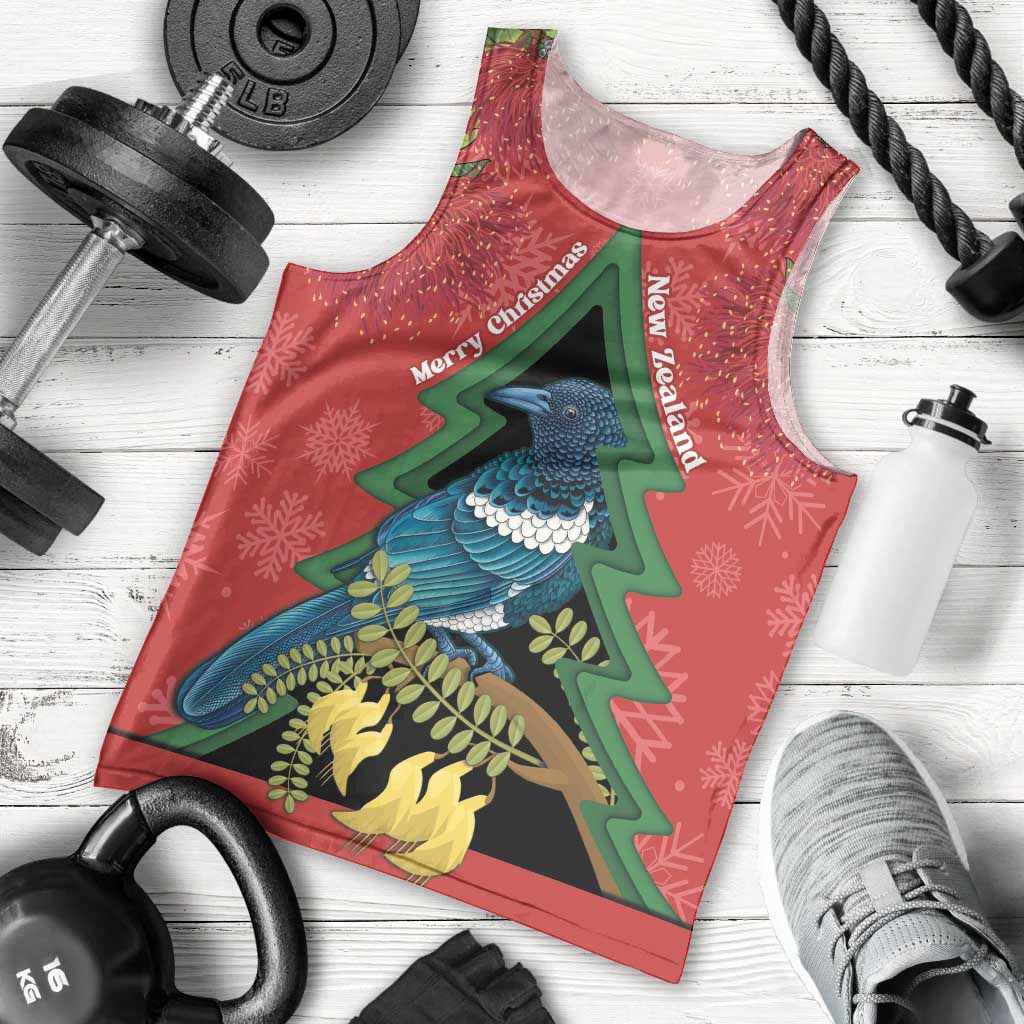 New Zealand Christmas In July Men Tank Top Kowhai Tui Bird With Pohutukawa - Red LT14 - Polynesian Pride
