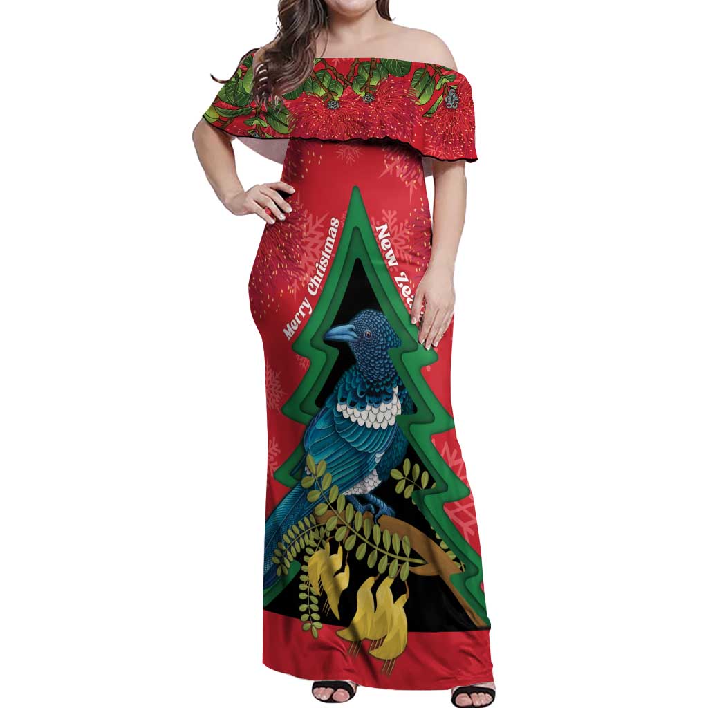 New Zealand Christmas In July Off Shoulder Maxi Dress Kowhai Tui Bird With Pohutukawa - Red LT14 Women Red - Polynesian Pride