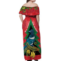 New Zealand Christmas In July Off Shoulder Maxi Dress Kowhai Tui Bird With Pohutukawa - Red LT14 - Polynesian Pride