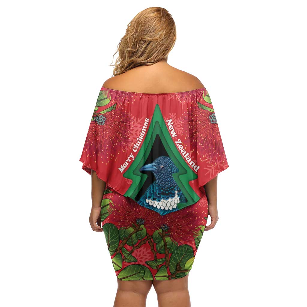New Zealand Christmas In July Off Shoulder Short Dress Kowhai Tui Bird With Pohutukawa - Red LT14 - Polynesian Pride