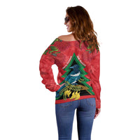 New Zealand Christmas In July Off Shoulder Sweater Kowhai Tui Bird With Pohutukawa - Red LT14 - Polynesian Pride