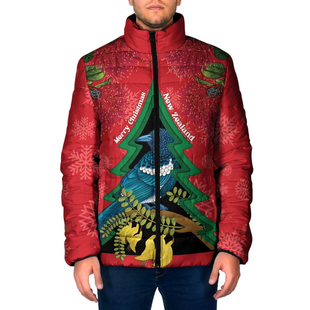 New Zealand Christmas In July Padded Jacket Kowhai Tui Bird With Pohutukawa - Red LT14 Men Red - Polynesian Pride