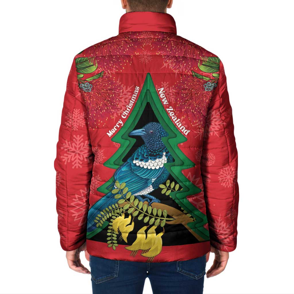 New Zealand Christmas In July Padded Jacket Kowhai Tui Bird With Pohutukawa - Red LT14 - Polynesian Pride