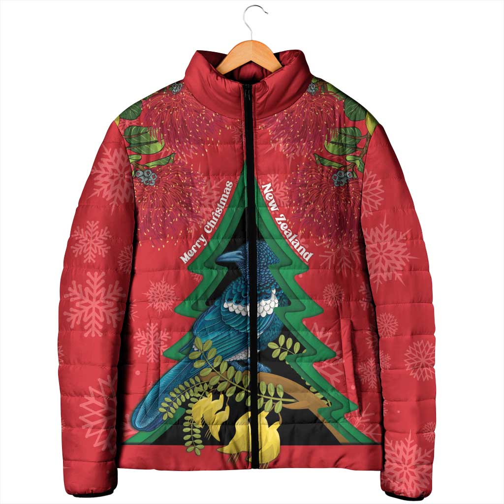 New Zealand Christmas In July Padded Jacket Kowhai Tui Bird With Pohutukawa - Red LT14 - Polynesian Pride