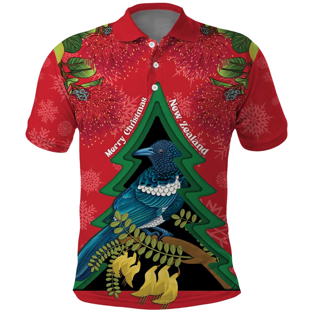 New Zealand Christmas In July Polo Shirt Kowhai Tui Bird With Pohutukawa - Red LT14 Red - Polynesian Pride