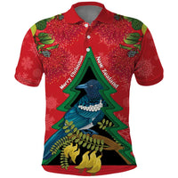 New Zealand Christmas In July Polo Shirt Kowhai Tui Bird With Pohutukawa - Red LT14 Red - Polynesian Pride