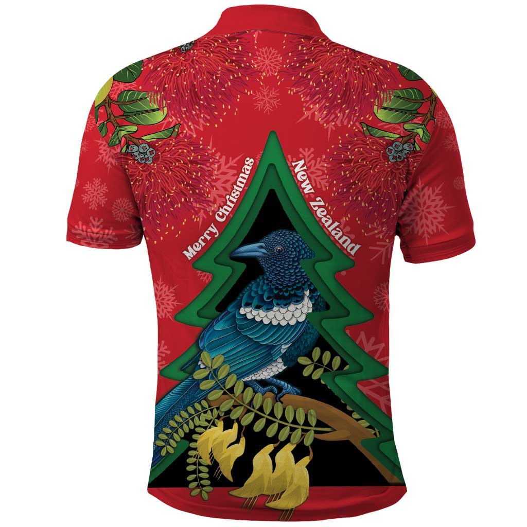 New Zealand Christmas In July Polo Shirt Kowhai Tui Bird With Pohutukawa - Red LT14 - Polynesian Pride
