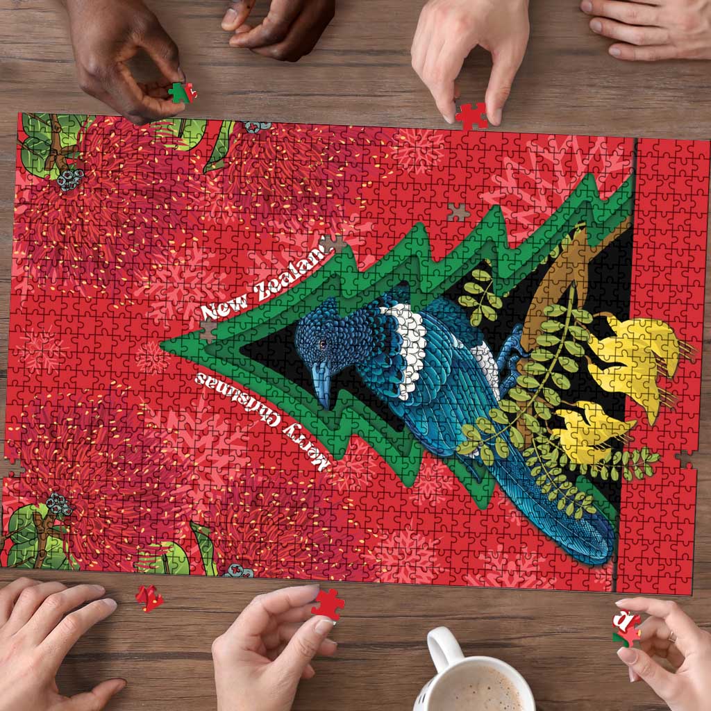 New Zealand Christmas In July Puzzle Kowhai Tui Bird With Pohutukawa - Red LT14 - Polynesian Pride