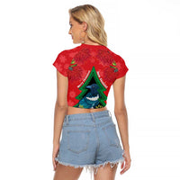 New Zealand Christmas In July Raglan Cropped T Shirt Kowhai Tui Bird With Pohutukawa - Red LT14 - Polynesian Pride
