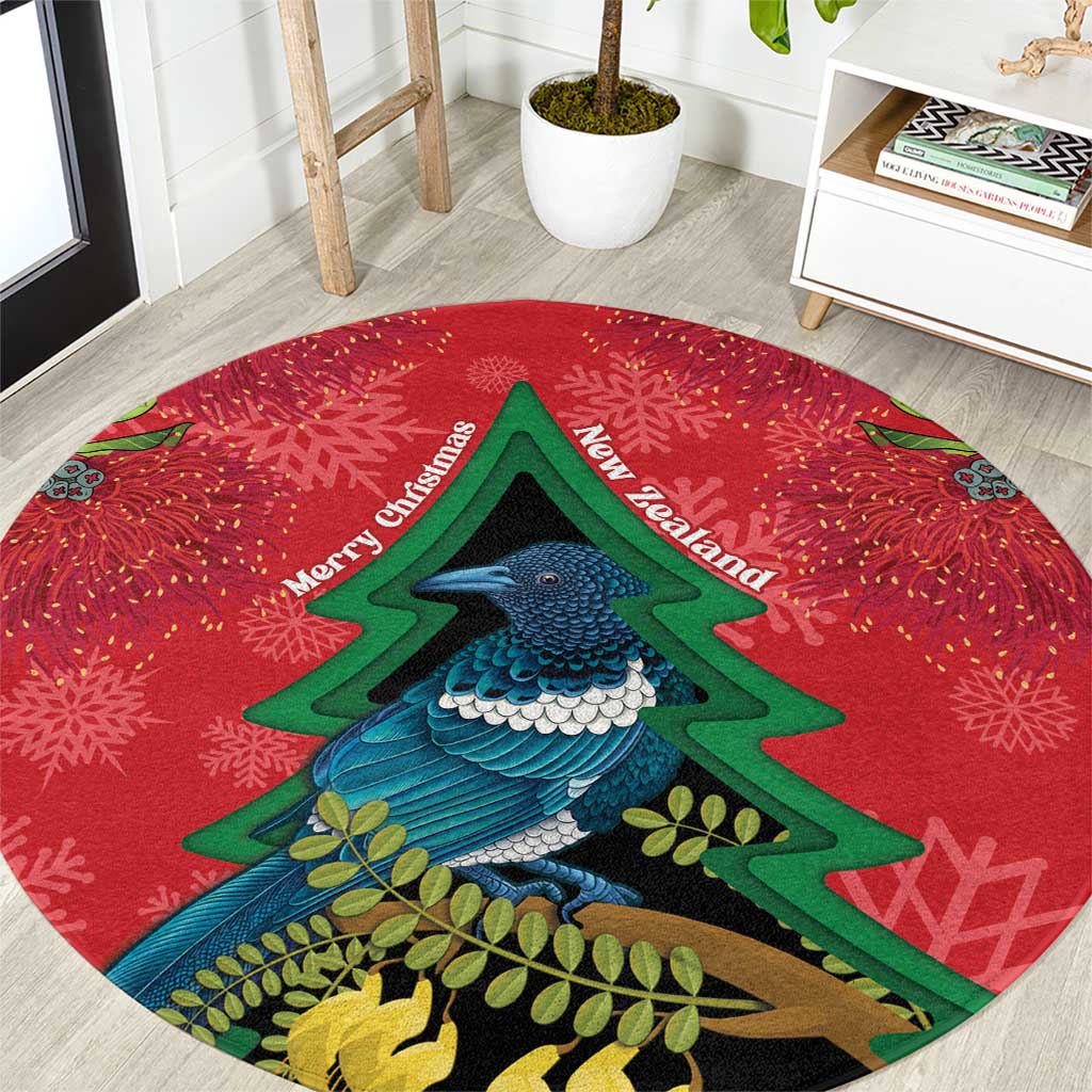 New Zealand Christmas In July Round Carpet Kowhai Tui Bird With Pohutukawa - Red LT14 Red - Polynesian Pride
