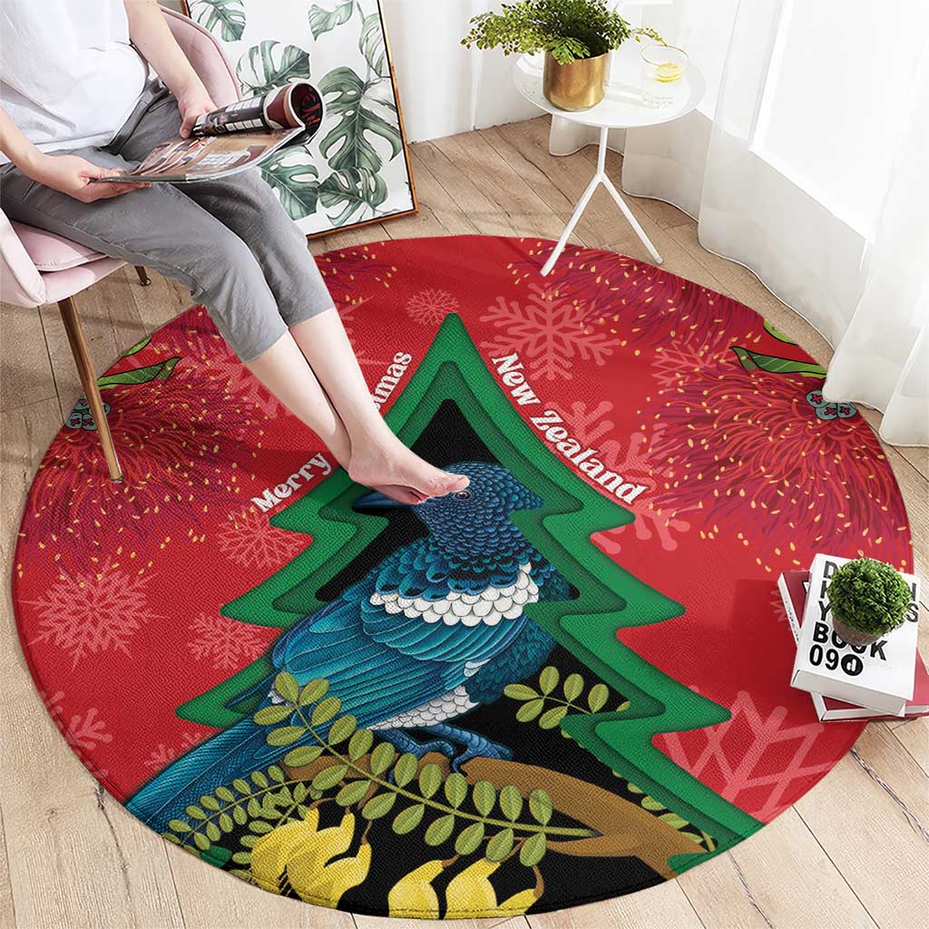 New Zealand Christmas In July Round Carpet Kowhai Tui Bird With Pohutukawa - Red LT14 - Polynesian Pride