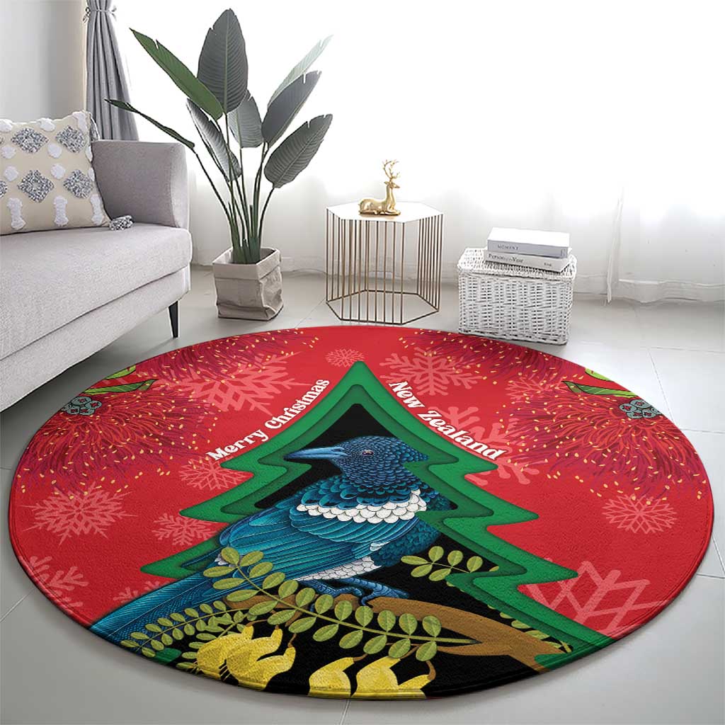 New Zealand Christmas In July Round Carpet Kowhai Tui Bird With Pohutukawa - Red LT14 - Polynesian Pride