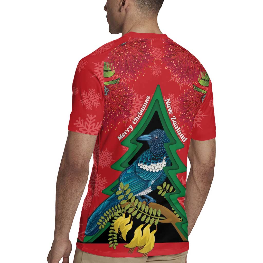 New Zealand Christmas In July Rugby Jersey Kowhai Tui Bird With Pohutukawa - Red LT14 - Polynesian Pride