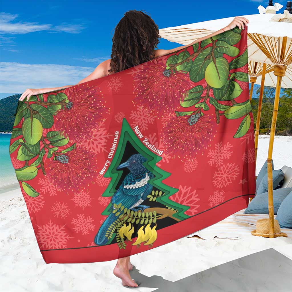 New Zealand Christmas In July Sarong Kowhai Tui Bird With Pohutukawa - Red LT14 One Size 44 x 66 inches Red - Polynesian Pride