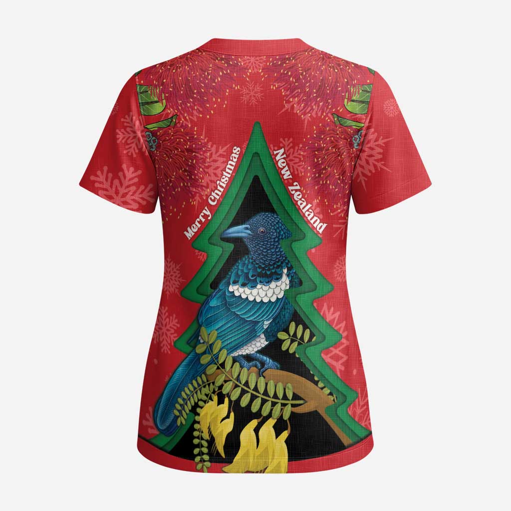 New Zealand Christmas In July Scrub Top Kowhai Tui Bird With Pohutukawa - Red LT14 - Polynesian Pride