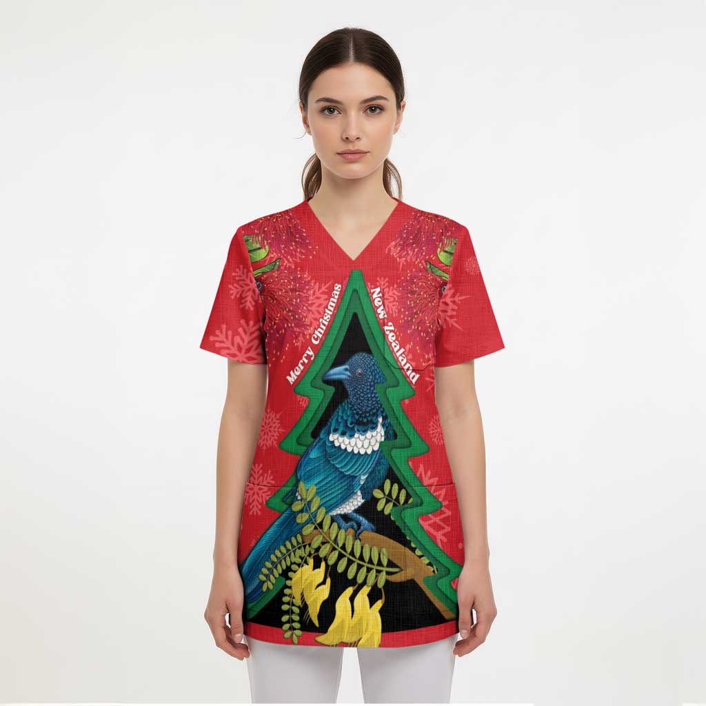 New Zealand Christmas In July Scrub Top Kowhai Tui Bird With Pohutukawa - Red LT14 - Polynesian Pride