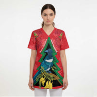 New Zealand Christmas In July Scrub Top Kowhai Tui Bird With Pohutukawa - Red LT14 - Polynesian Pride