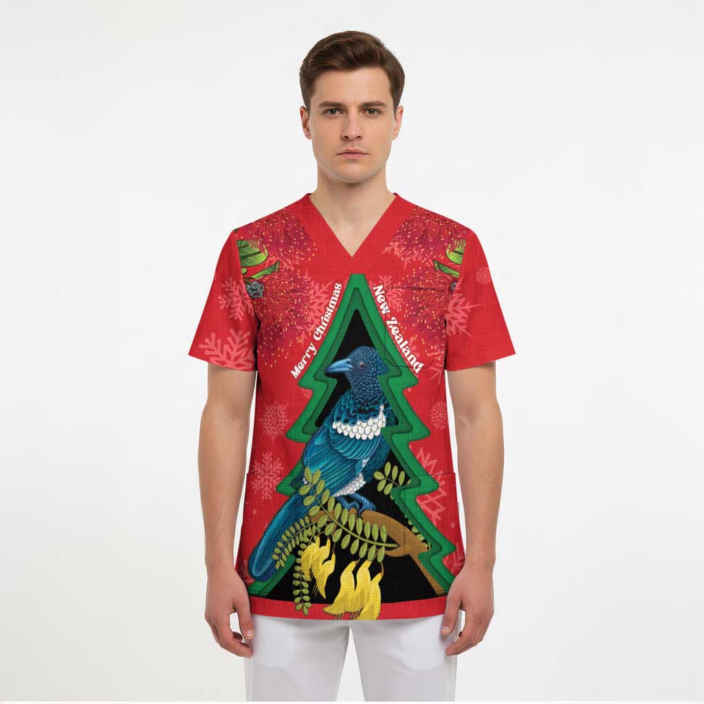 New Zealand Christmas In July Scrub Top Kowhai Tui Bird With Pohutukawa - Red LT14 - Polynesian Pride