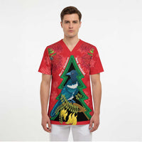 New Zealand Christmas In July Scrub Top Kowhai Tui Bird With Pohutukawa - Red LT14 - Polynesian Pride