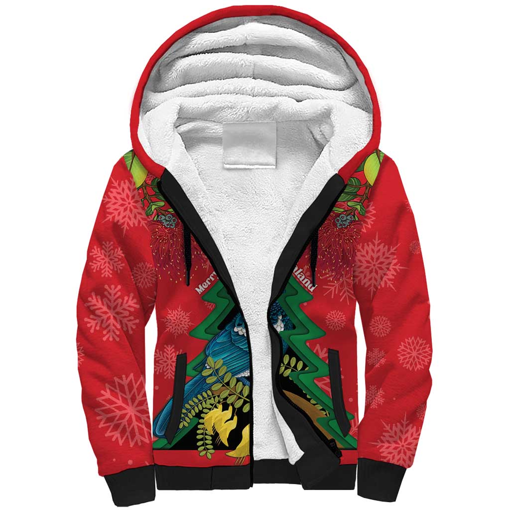 New Zealand Christmas In July Sherpa Hoodie Kowhai Tui Bird With Pohutukawa - Red LT14 Unisex Red - Polynesian Pride