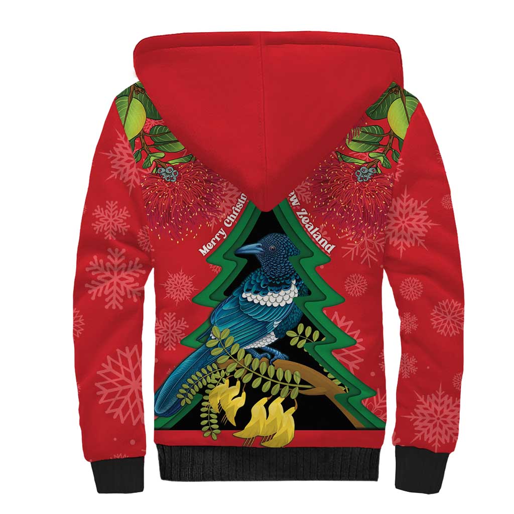 New Zealand Christmas In July Sherpa Hoodie Kowhai Tui Bird With Pohutukawa - Red LT14 - Polynesian Pride