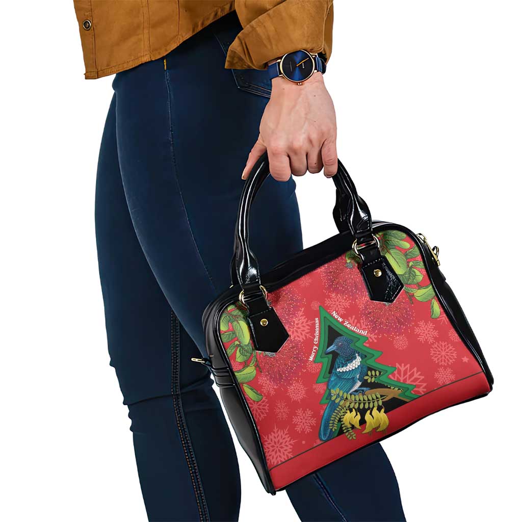 New Zealand Christmas In July Shoulder Handbag Kowhai Tui Bird With Pohutukawa - Red LT14 - Polynesian Pride