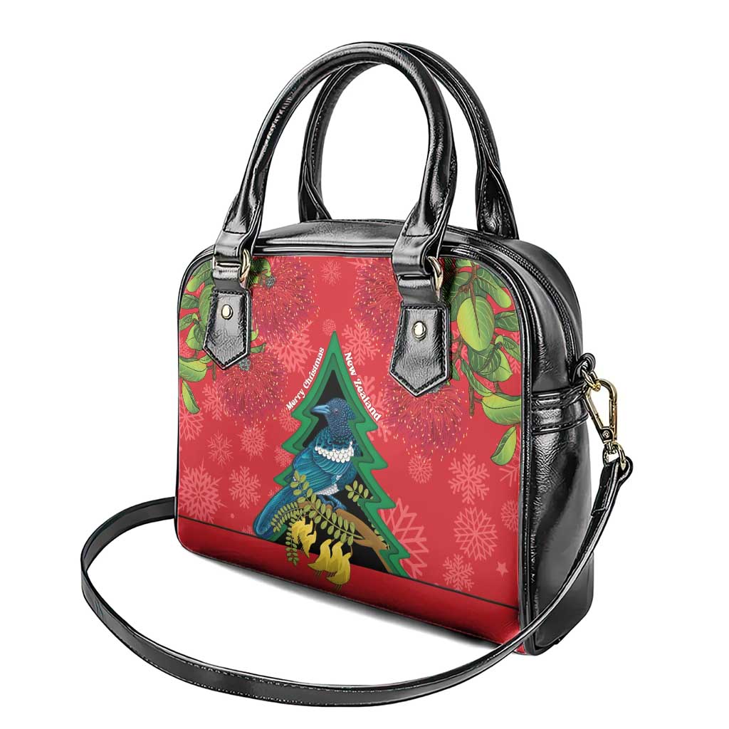 New Zealand Christmas In July Shoulder Handbag Kowhai Tui Bird With Pohutukawa - Red LT14 - Polynesian Pride