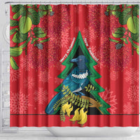 New Zealand Christmas In July Shower Curtain Kowhai Tui Bird With Pohutukawa - Red LT14 - Polynesian Pride