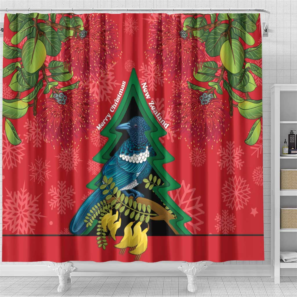 New Zealand Christmas In July Shower Curtain Kowhai Tui Bird With Pohutukawa - Red LT14 - Polynesian Pride