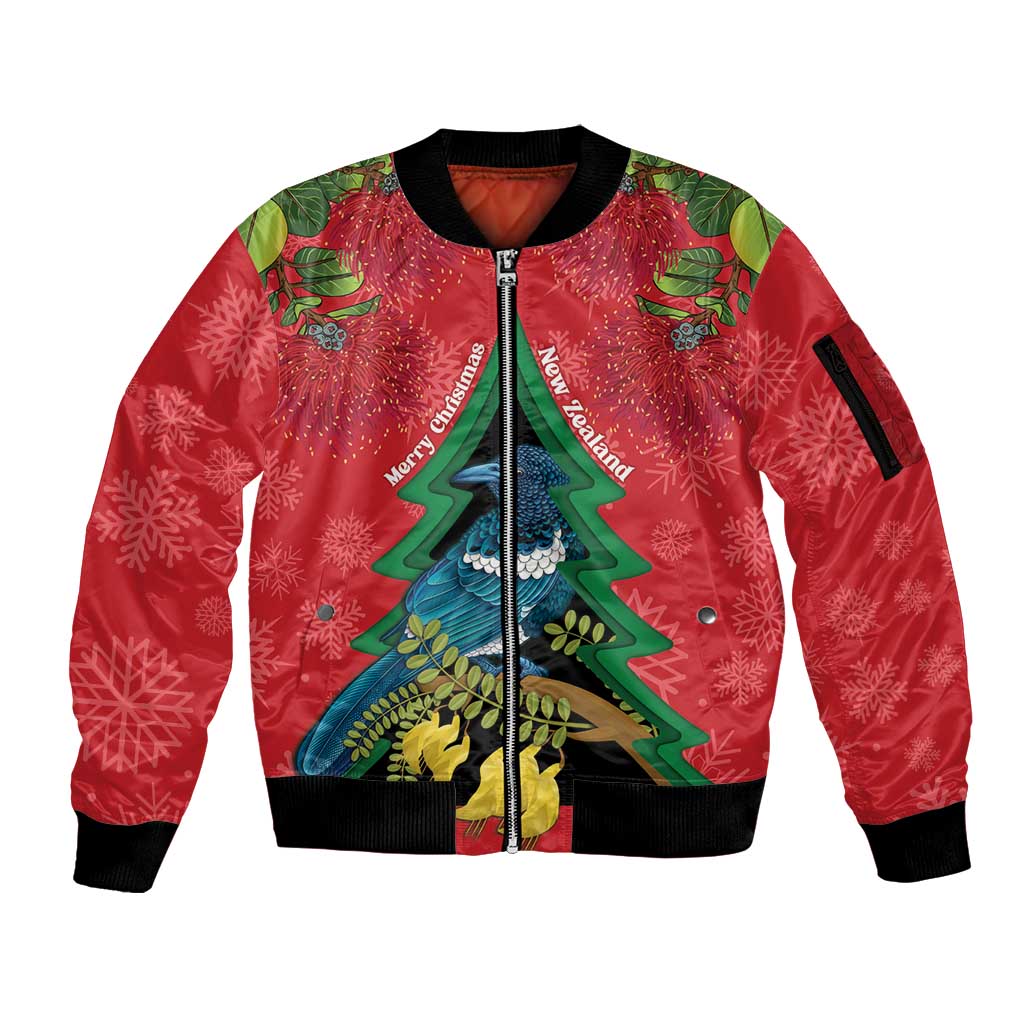 New Zealand Christmas In July Sleeve Zip Bomber Jacket Kowhai Tui Bird With Pohutukawa - Red LT14 Unisex Red - Polynesian Pride
