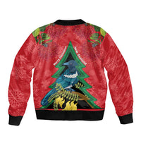 New Zealand Christmas In July Sleeve Zip Bomber Jacket Kowhai Tui Bird With Pohutukawa - Red LT14 - Polynesian Pride